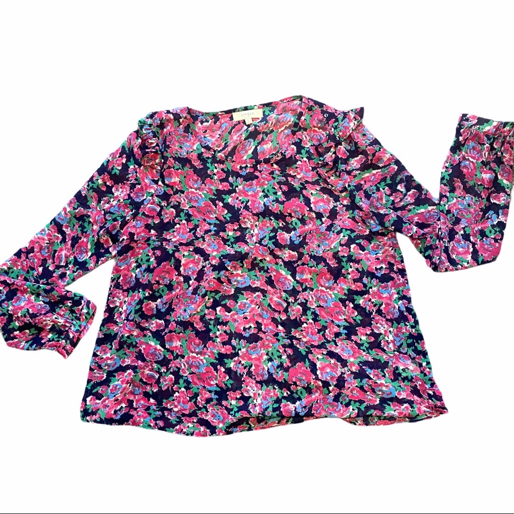 UMGEE Romantic Ruffled Floral Top in Navy & Pink